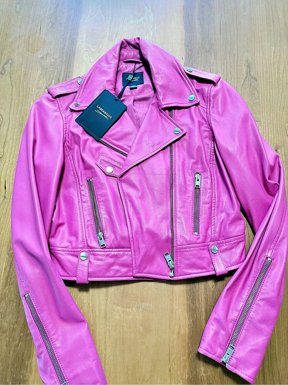 Lamarque Ciara Cropped Leather Biker Jacket Pink Medium